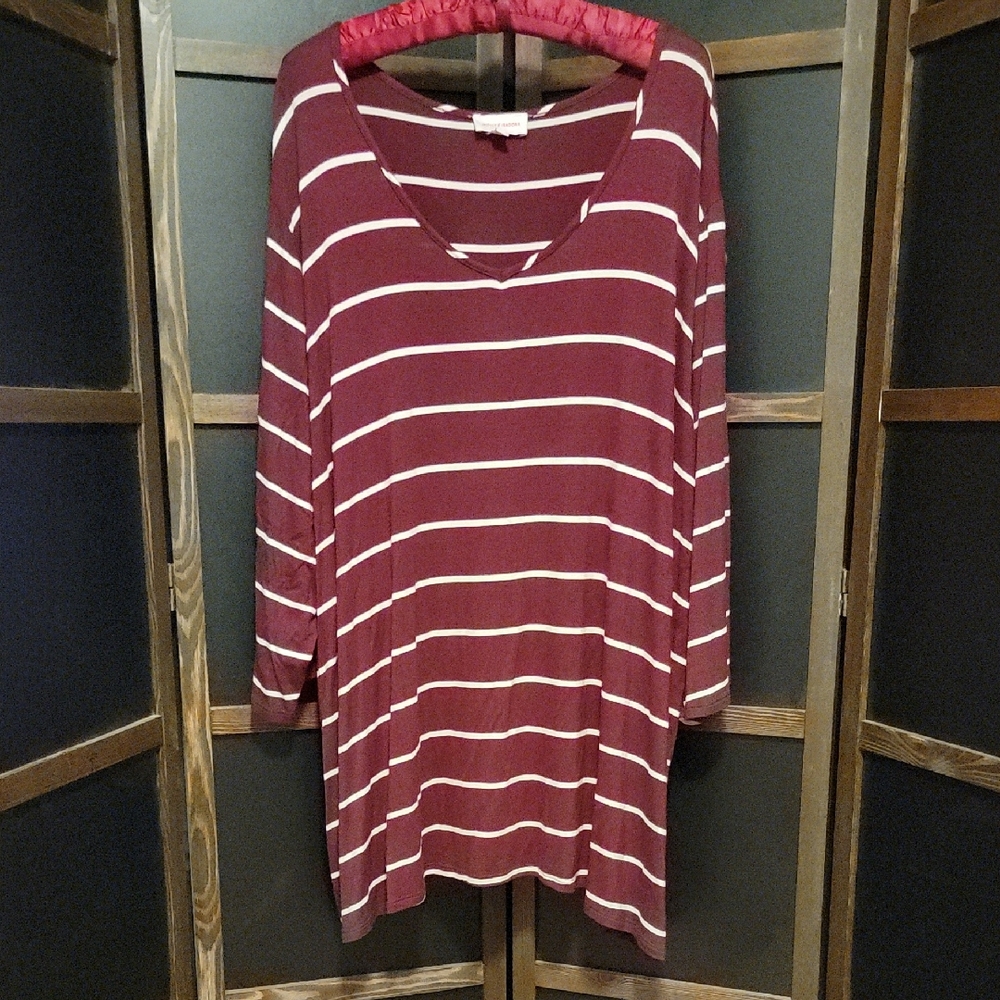 Molly Isadora, Striped Maroon and White Women's Top, Cotton, 5X